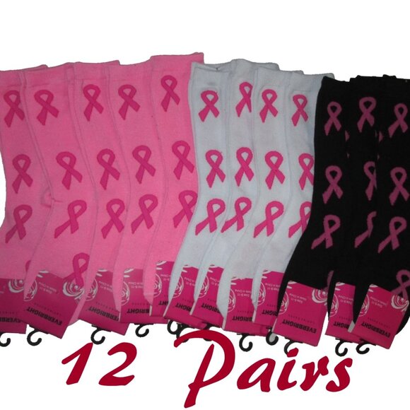 12 Pair Breast Cancer Awareness Pink Ribbon Crew Socks Shoe Size 4-10 - Picture 1 of 4